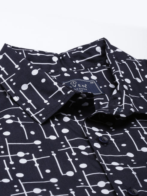 Navy Blue Printed Short Sleeves Shirt